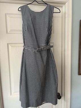 J. Crew Navy and White Gingham TALL Midi Dress with Waist Belt